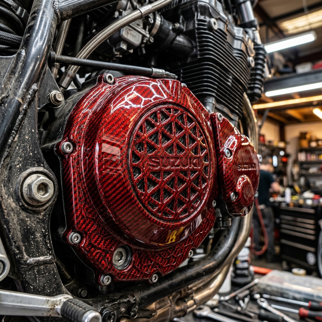 Hydro-dipped red carbon motorcycle part