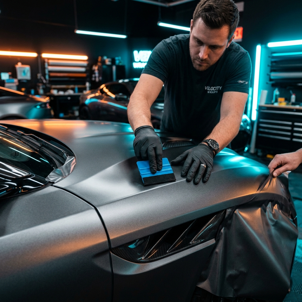 Vinyl wrapping installation on supercar